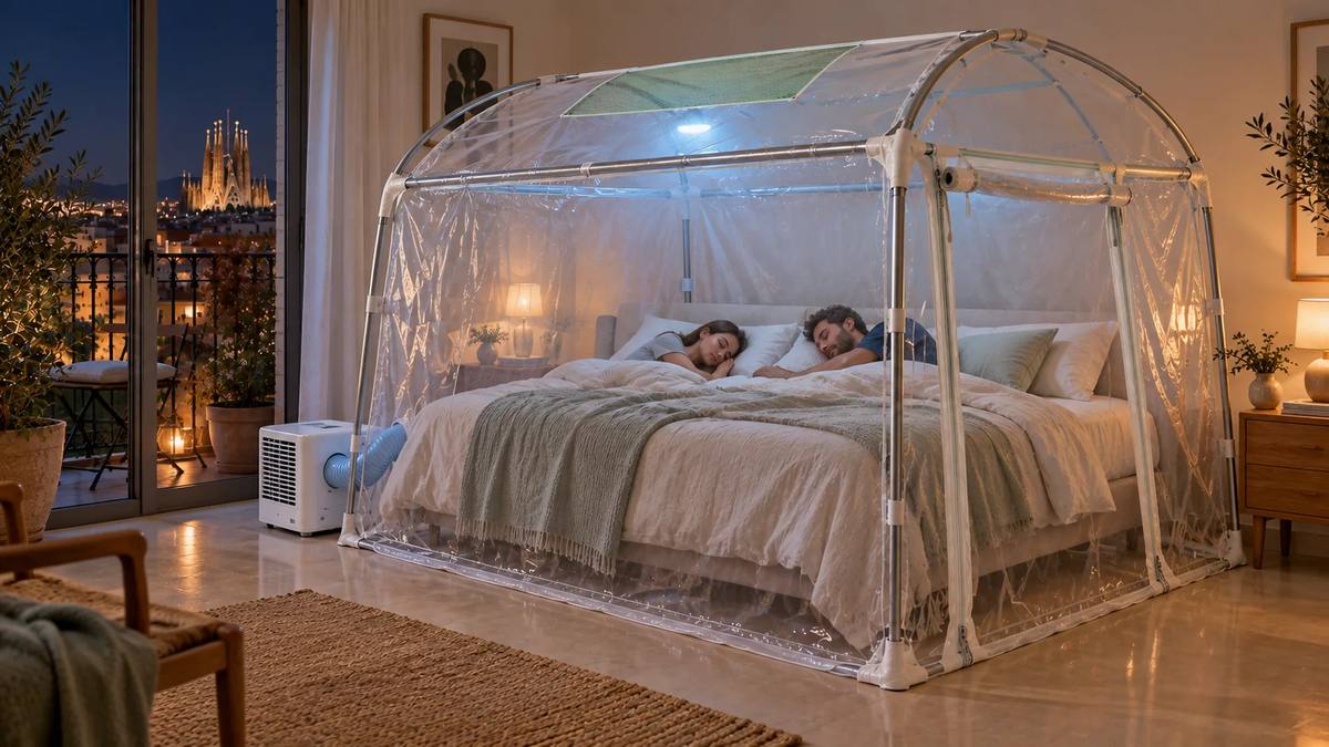 La Cúpula del Sueño instalada sobre una cama doble